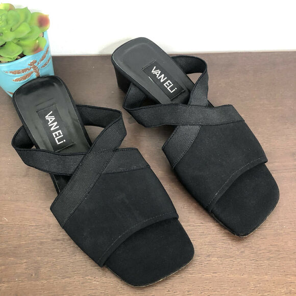 Vaneli Square Toe Slip On Elastic Strap Open Toe Black Heeled Sandals 7.5 M - Picture 1 of 9
